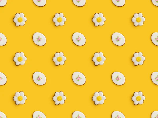 Flat lay com deliciosos biscoitos de Páscoa isolados no fundo amarelo, padrão sem costura — Fotografia de Stock