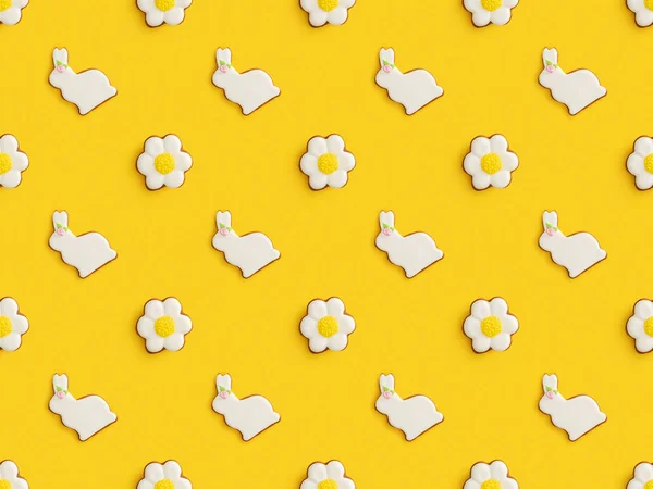 Pose plate avec de savoureux biscuits de Pâques isolés sur fond jaune, motif sans couture — Photo de stock