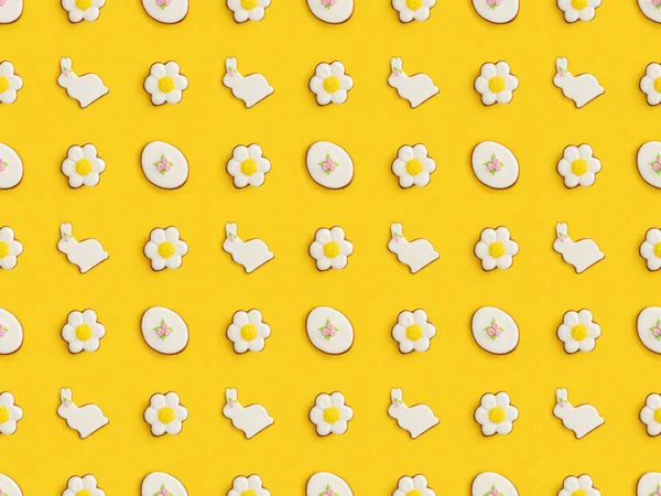 Colocação plana com saborosos biscoitos de Páscoa isolados no padrão amarelo e sem costura — Fotografia de Stock