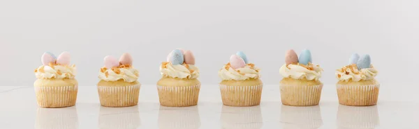 Delicious Easter cupcakes isolated on grey, panoramic shot — Stockfoto