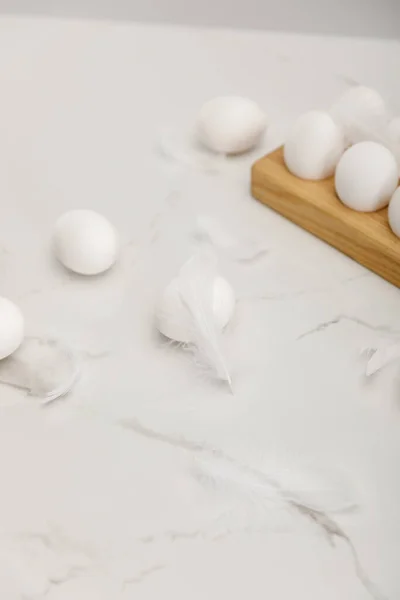 Chicken eggs on wooden board and feathers on white background — Stockfoto