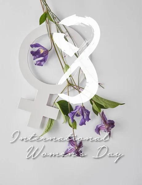 Draufsicht auf violette Blüten und Venuszeichen auf weißem Hintergrund, Illustration zum Internationalen Frauentag — Stockfoto