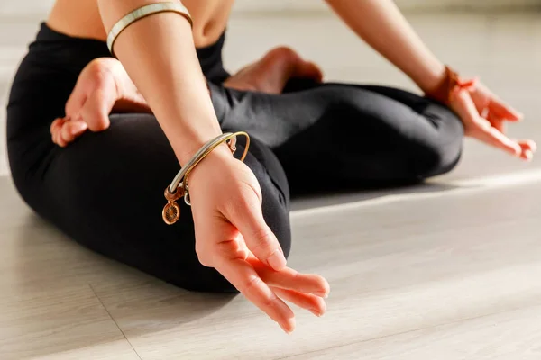 Selective focus of flexible woman with barefoot practicing yoga — Stock Photo
