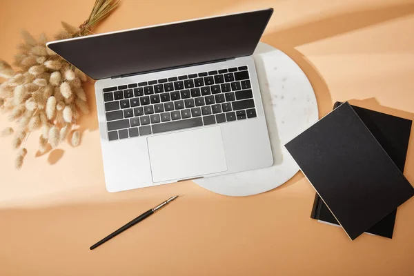 Vue de dessus de l'ordinateur portable, panneau de marbre, lagurus, cahiers noirs et pinceau sur fond beige — Photo de stock