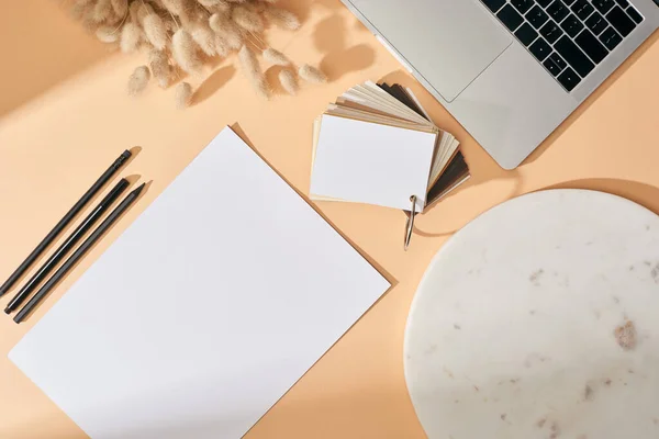 Vista superior de la hoja de papel, bolígrafos, tablero de mármol, muestras de colores, espiguillas lagurus y portátil sobre fondo beige - foto de stock