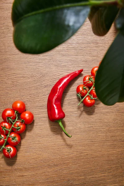 Selektiver Fokus von grünen Blättern, Kirschtomaten und Chilischoten auf Holzgrund — Stockfoto