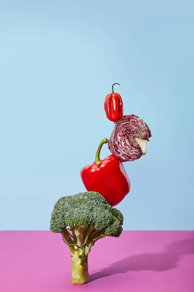 Habanero, repolho chinês vermelho e pimentão em brócolis em azul e rosa — Fotografia de Stock