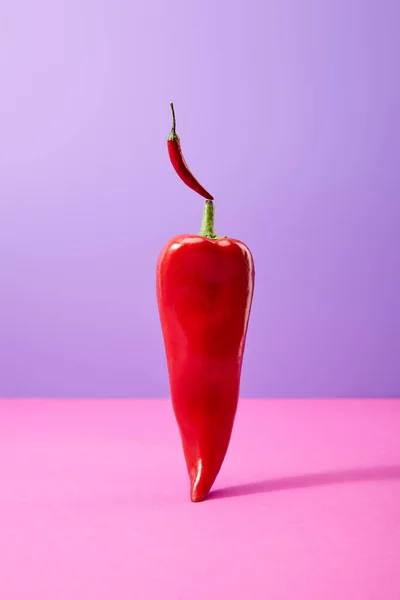 Red chili peppers on purple and pink — Stock Photo