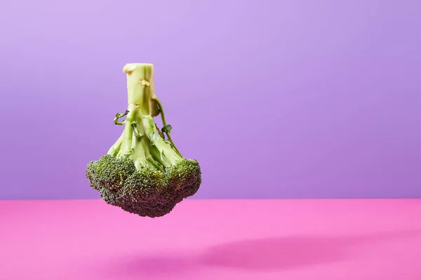 Brocoli cru à l'envers sur violet et rose avec espace de copie — Photo de stock