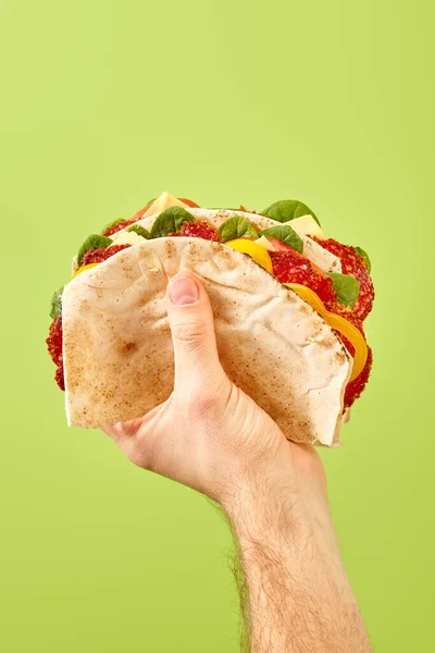 Partial view of man holding fresh sandwich with salami, pita, vegetables and cheese isolated on green — Stock Photo