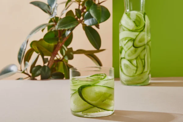 Focus selettivo di vetro e bottiglia riempito con acqua e cetrioli affettati e piante su sfondo beige e verde — Foto stock