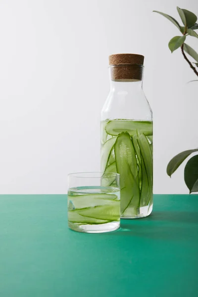 Bottle with cork and glass with water and sliced cucumbers and plant leaves on green surface isolated on grey — Stock Photo