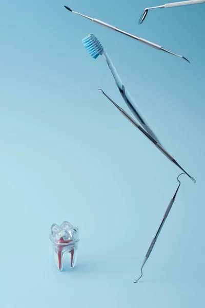 Instruments dentaires professionnels, brosse à dents et dent artificielle en plastique sur fond bleu — Photo de stock