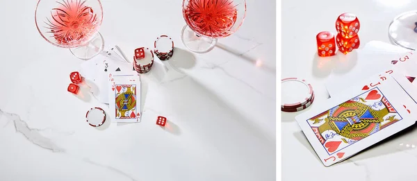 Collage of glasses of cocktail, dice, playing cards and casino chips on white background — Stock Photo