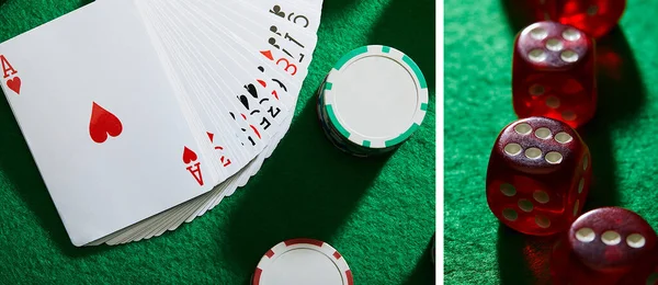 Collage of deck of cards with casino chips and dice on green background, panoramic shot — Stock Photo