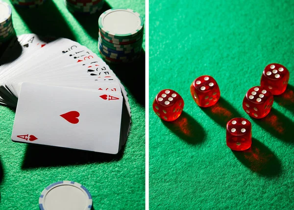 Collage of pack of cards with casino chips and dice on green background — Stockfoto