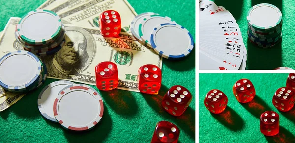 Коллаж банкнот, кубиков, фишек казино и игральных карт на зеленом фоне, панорамный снимок — стоковое фото