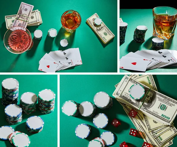 Collage of casino tokens, dice, playing cards and glasses of cocktail and cognac on green background — Stock Photo