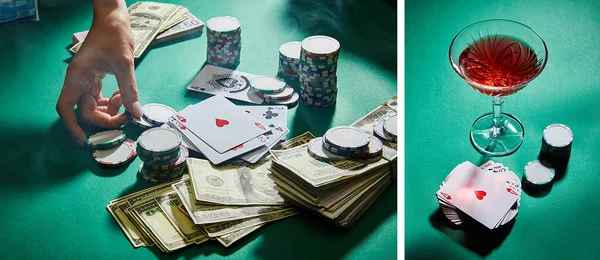 Collage einer weiblichen Hand mit Casino-Spielmarken, Spielkarten, Geld und einem Glas Cocktail auf grünem, panoramischem Foto — Stockfoto