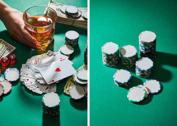 Коллаж женщины, держащей стакан коньяка рядом с деньгами, игральные карты, кости и жетоны казино на зеленый — стоковое фото