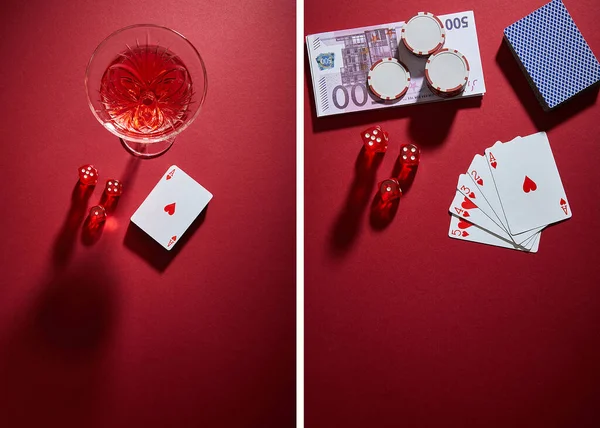 Collage of glass of cocktail, playing cards, casino chips, banknotes and dice on red background — Stock Photo