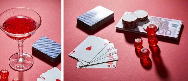 Collage of glass of cocktail, playing cards, dice, casino chips and banknotes on red, panoramic shot — Stock Photo