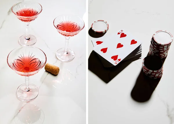 Collage of glasses of cocktail, cork, pack of cards and casino tokens on white — Stock Photo