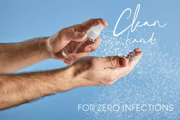 Cropped view of man using hand sanitizer in spray bottle isolated on blue, clean hands illustration — Stock Photo