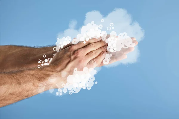 Cropped view of man washing hands isolated on blue, soap foam illustration — Stock Photo