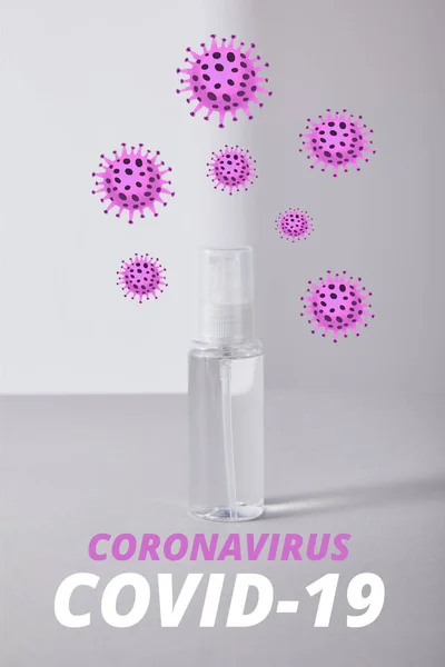 Disinfettante per le mani in bottiglia spray su sfondo bianco, illustrazione coronavirus — Foto stock