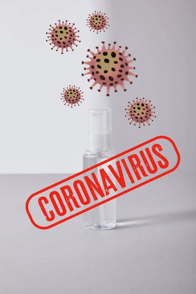 Désinfectant pour les mains en flacon vaporisateur sur fond blanc, illustration coronavirus — Photo de stock