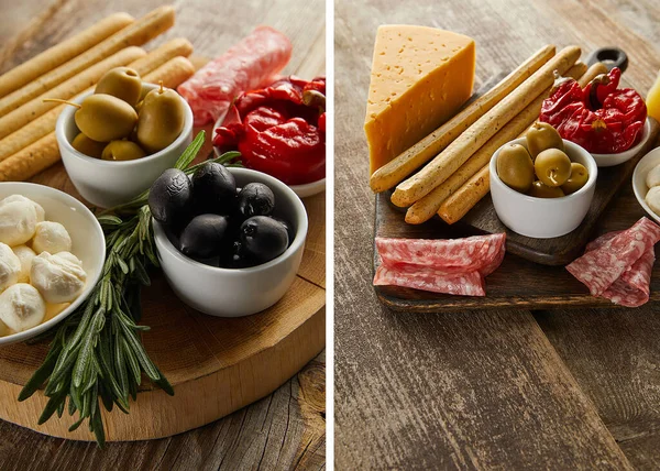 Collage de planches avec des ingrédients antipasto sur fond en bois — Photo de stock