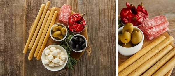 Collage of breadsticks with antipasto ingredients on round boards on wooden background, panoramic shot — Stock Photo