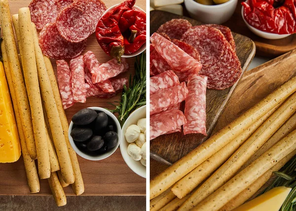 Collage de tablas con palitos de pan, rebanadas de salami e ingredientes antipasto - foto de stock