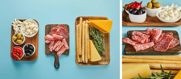 Collage de ingredientes antipasto en tablas en azul, plano panorámico - foto de stock