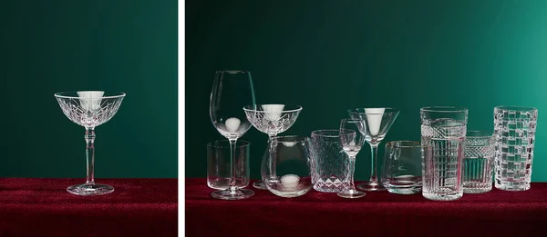 Collage aus Cocktailgläsern isoliert auf Grün — Stockfoto