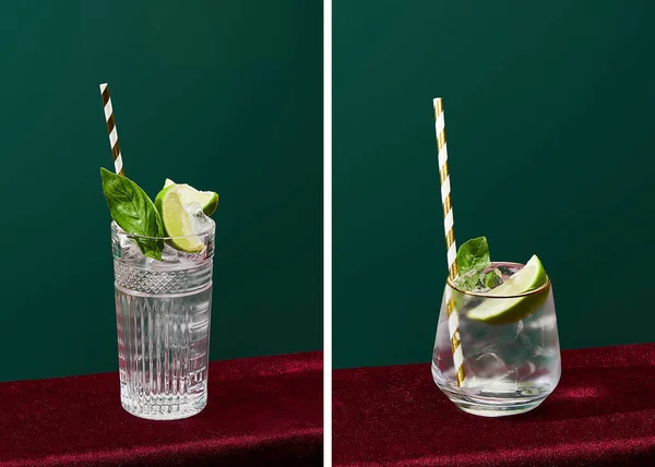 Collage of glasses with drink with ice, mint, lime and striped drinking straw isolated on green — Stock Photo