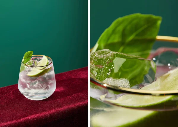 Collage de gafas anticuadas con mojito, lima y hoja de menta aisladas en verde - foto de stock