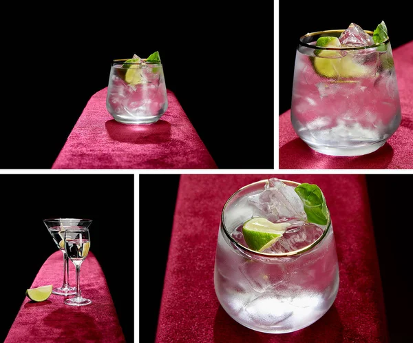 Collage of shot glass and cocktail glass with fresh cold mojito, mint and lime slice isolated on black — Stock Photo