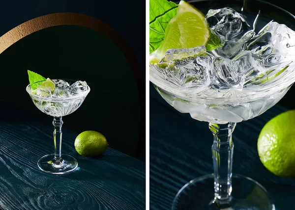 Collage aus Cocktailglas mit Minzblatt und ganzer Limette auf Holzgrund — Stockfoto