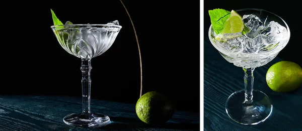 Collage of cocktail glass with ice, mint leaf and whole lime on blue wooden background — Stock Photo