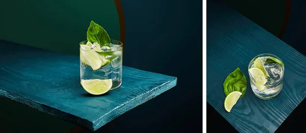 Collage of old fashioned glass with fresh drink, mint leaf and lime slice on blue wooden surface on green and blue geometric background — Stock Photo