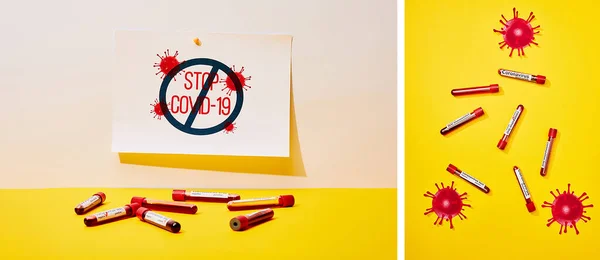 Collage aus Papier mit Stop Covid-19 Schriftzug in der Nähe von Reagenzgläsern mit Coronavirus-Test und gezeichnetem Virus auf gelb — Stockfoto