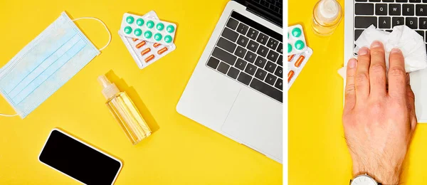 Collage of man holding napkin near laptop, smartphone with blank screen, pills, hand sanitizer and medical mask on yellow — Stock Photo