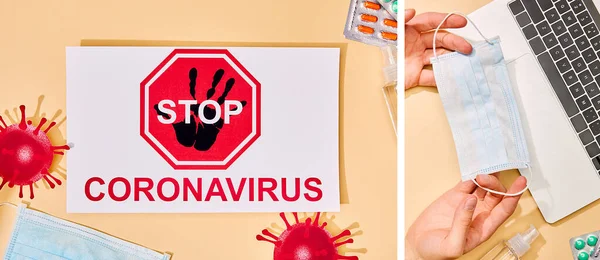 Collage eines Mannes mit medizinischer Maske in Laptopnähe, Papier mit Stop-Coronavirus-Schriftzug, gezeichnetem Virus und Pillen auf beige — Stockfoto