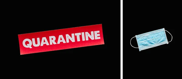 Collage di carta con scritte in quarantena rossa e maschera medica blu isolata su nero — Foto stock