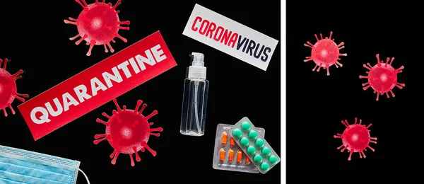 Collage of papers with quarantine and coronavirus lettering near medical mask, pills, hand sanitizer and drawn virus isolated on black — Stock Photo