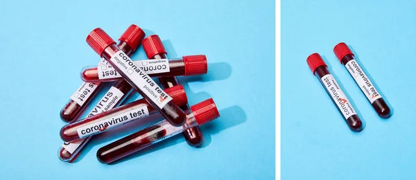 Colagem de tubos de ensaio com amostras e letras de ensaio do coronavírus em azul — Fotografia de Stock