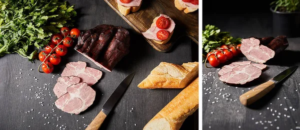 Collage of tasty ham sliced ham, cherry tomatoes, parsley, salt, knife and baguette on wooden grey table with canape — Stock Photo