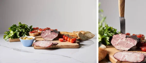 Collage of tasty ham on cutting board with knife, parsley, cherry tomatoes, olives and baguette on white marble surface isolated on grey — Stock Photo